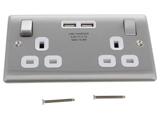 BG BRUSHED STEEL 13A 2 GANG SWITCHED SOCKET + USB - WHITE SURROUND