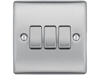 BG NBS43-01 BRUSHED STEEL 10AX 3 GANG 2 WAY PLATE SWITCH