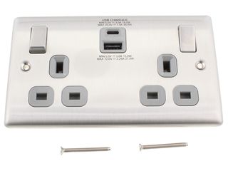 NEXUS NBS22UAC30G-01 METL BRUSH STEEL GRY DBLE SWITCH 13A POWER SOCKET