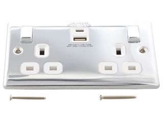 NEXUS NPC22UAC30W-01 METL POLISHD CHR WHT DBLE SWITCH 13A POWER SOCKET