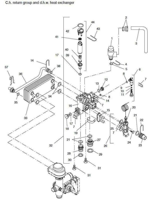 Exploded Diagram for DHW HEATEX CH RTN GROUP