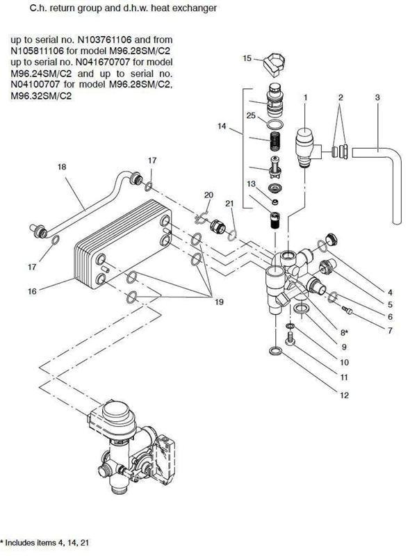 Exploded Diagram for DHW HEAT EX, CH RETURN GROUP 1