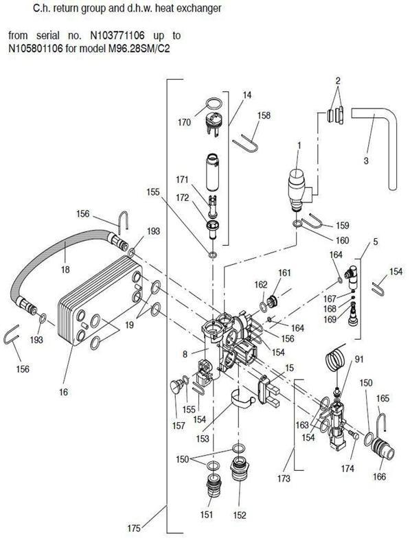 Exploded Diagram for DHW HEAT EX, CH RETURN GROUP 2