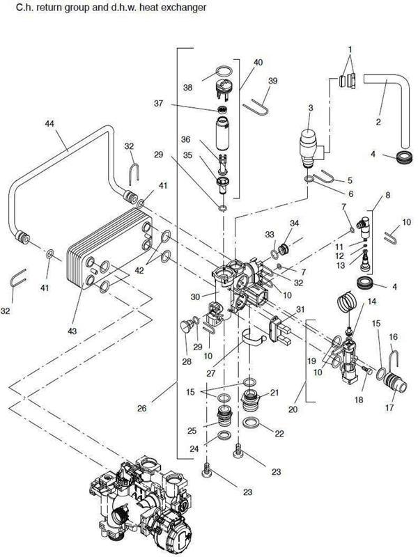 Exploded Diagram for DHW HEAT EX, CH RETURN GROUP